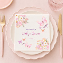 Akvarell Rosa fjäril Blommig Baby Shower