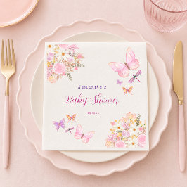 Akvarell Rosa fjäril Blommig Baby Shower Pappersservett