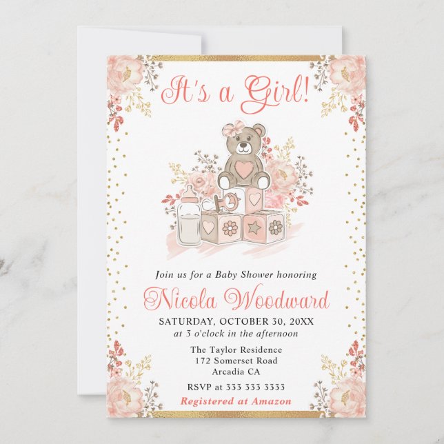 Akvarell Rosa Flickleksaker Baby Shower Inbjudningar (Framsida)