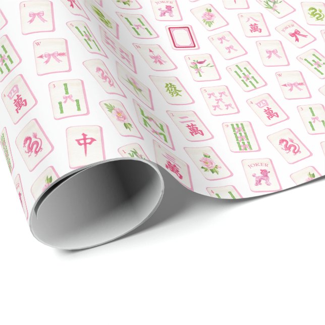 Akvarell Rosa & Grön Slöja Mahjong Presentpapper (Rullad Hörn)