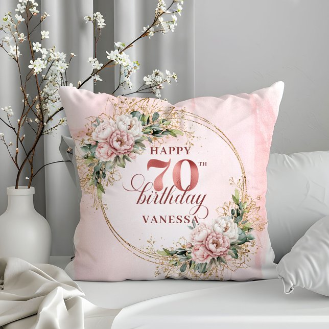 Akvarell Rosa Guld Blommig Eukalyptus Konst 70-års Kudde (Watercolor Rose Gold Floral Eucalyptus Art 70th birthday pillow

)