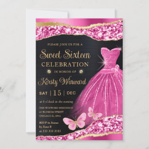 Akvarell Rosa & Guld Glitter Klänning Sweet Sixtee Inbjudningar