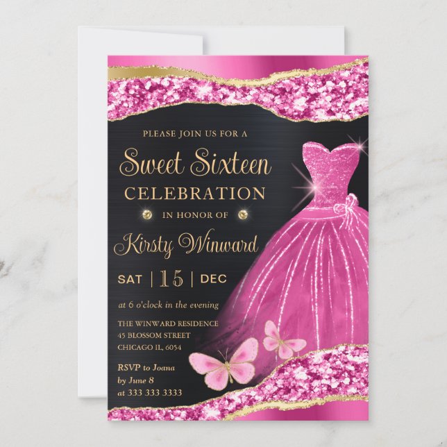 Akvarell Rosa & Guld Glitter Klänning Sweet Sixtee Inbjudningar (Framsida)