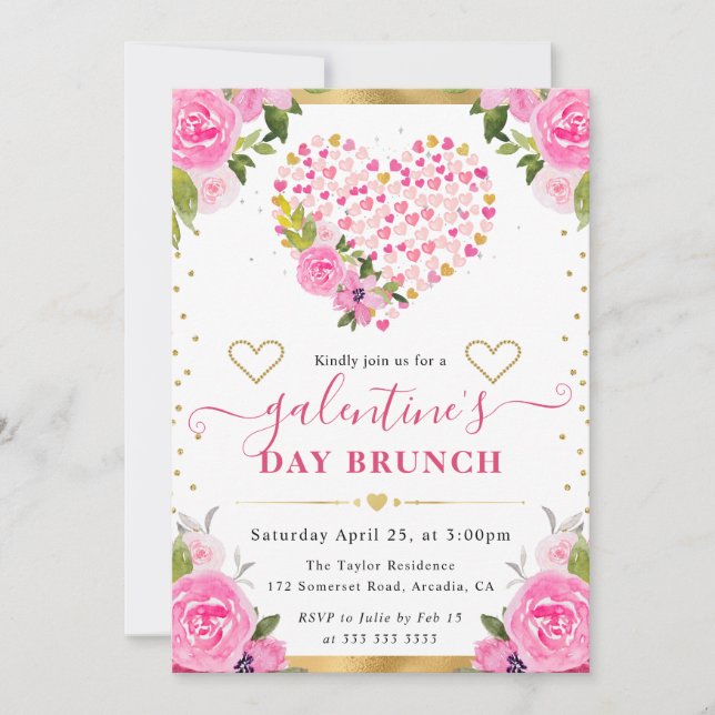 Akvarell Rosa & Guld Hjärtan & Blommor Galentine' Inbjudningar (Framsida)