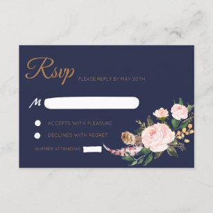 Akvarell Rosa Guld Marin Boho Blommig Bröllop RSVP OSA Kort
