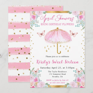 Akvarell Rosa Guld Vår Paraply Sweet Sixteen Inbjudningar