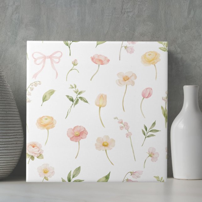 Akvarell Rosa Gult Blommönster Blommig Kakelplatta (Skapare uppladdad)