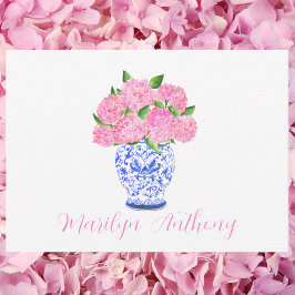 Akvarell Rosa Hydrangea Chinoiserie Vas Beställnin Anteckningskort