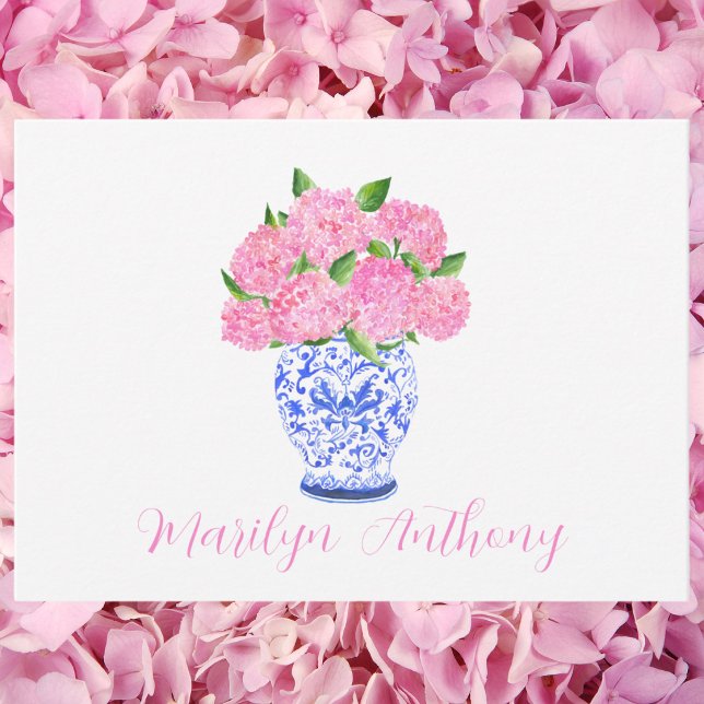 Akvarell Rosa Hydrangea Chinoiserie Vas Beställnin Anteckningskort (Skapare uppladdad)