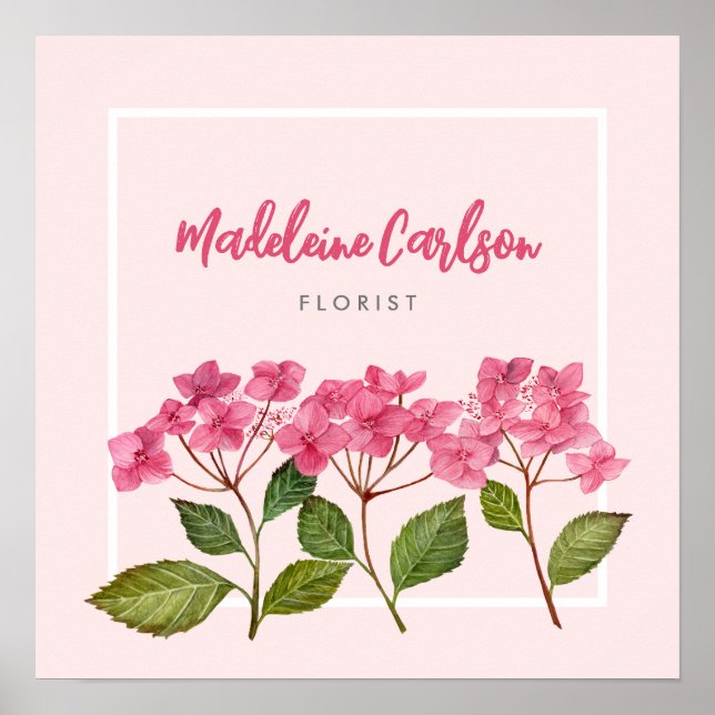 Akvarell Rosa Hydrangea Lacecaps Illustration Poster (Framsidan)