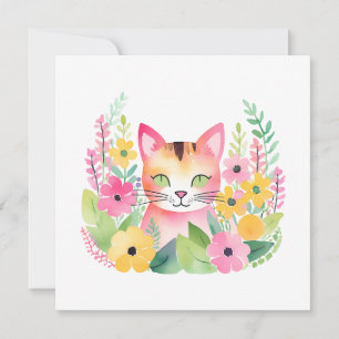 Akvarell Rosa Katt och Sommarblommor Kort