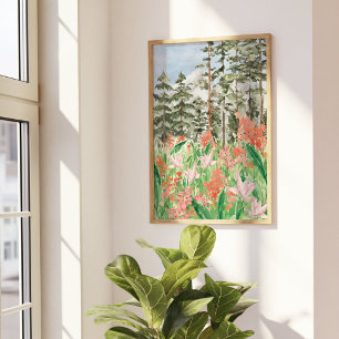 Akvarell Rosa Korall Blommig Äng På Berg Poster