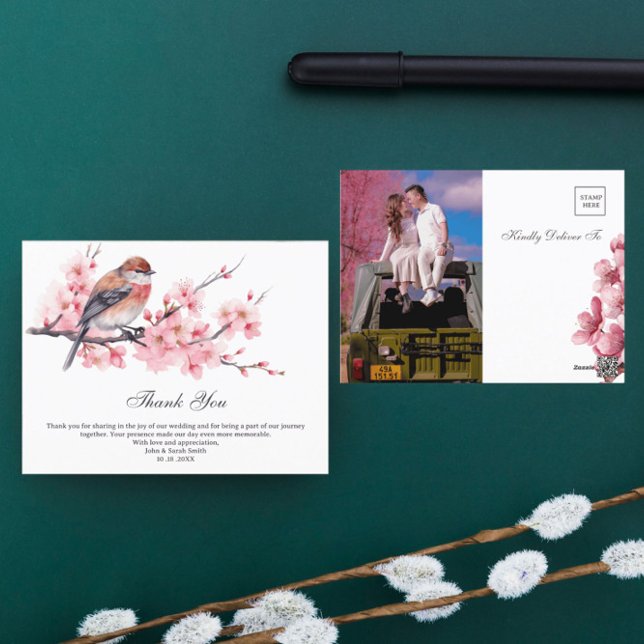 Akvarell Rosa Körsbärsblom Wedding Tacksamhet Vykort (Skapare uppladdad)