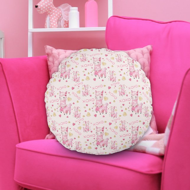 Akvarell Rosa Lama XOXO Rund Kudde (Skapare uppladdad)