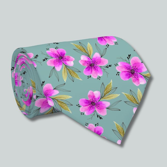 Akvarell rosa lilja blommande dämpat grön slips (pink lily watercolor floral dusky green tie)
