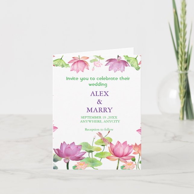 Akvarell Rosa Lotus Blommig Trädgård BRÖLLLOP Inbjudan (Framsida)