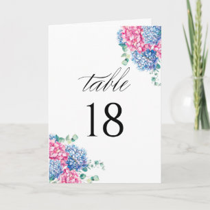Akvarell Rosa och Blå Hortensia Bordskort Numrerad Kort