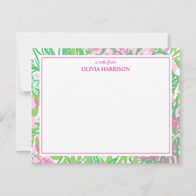 Akvarell rosa och grön blomster brevpapper anteckningskort (Framsida)