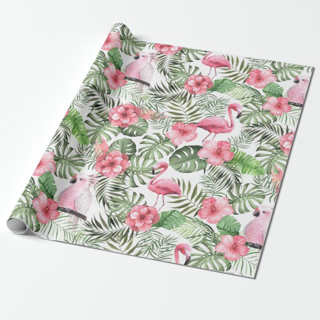 Akvarell Rosa och Grön Tropisk Mönster Presentpapper (Utrullad)