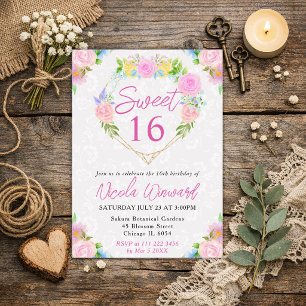 Akvarell Rosa och Gul Krans Sweet 16 Inbjudningar