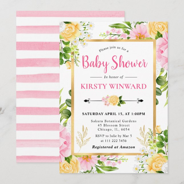 Akvarell Rosa och Gula Blommor Baby Shower Inbjudningar (Fram/baksida)