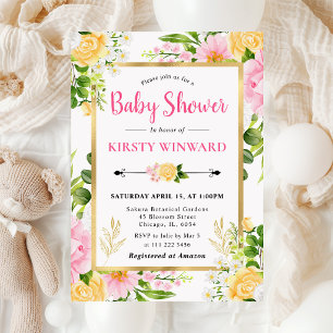 Akvarell Rosa och Gula Blommor Baby Shower Inbjudningar