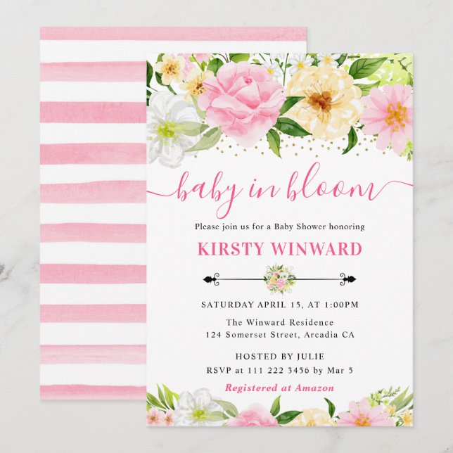 Akvarell Rosa och Gula Blommor Baby Shower Inbjudningar (Fram/baksida)