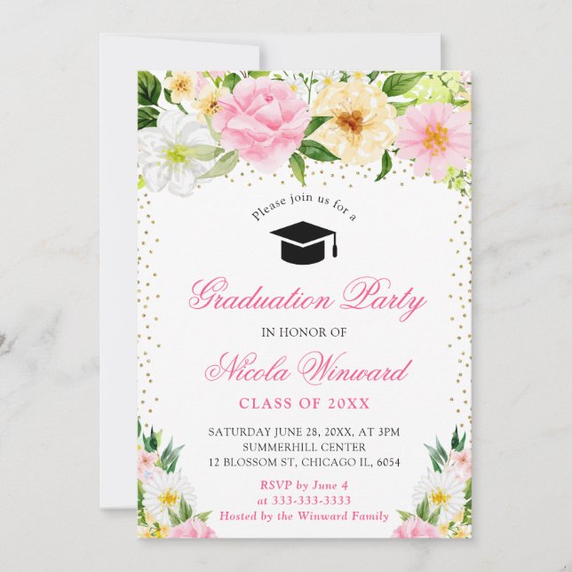Akvarell Rosa och Gula Blommor Examen Inbjudningar (Framsida)