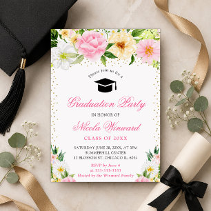 Akvarell Rosa och Gula Blommor Examen Inbjudningar