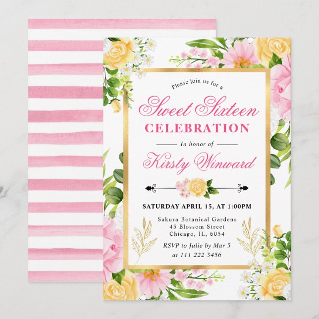 Akvarell Rosa och Gula Blommor Sweet 16 Inbjudningar (Fram/baksida)
