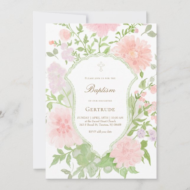 akvarell rosa och lila stora blommor Dop Inbjudningar (Framsida)