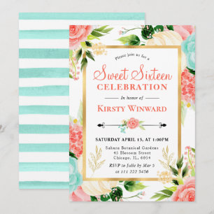 Akvarell Rosa och Mint Blommor Sweet Sixteen Inbjudningar