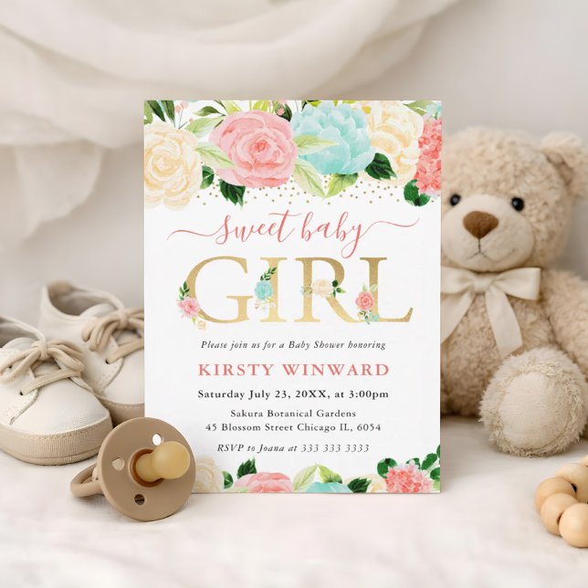 Akvarell Rosa och Mintgröna Blommor Bebisens Först Inbjudningar (Skapare uppladdad)