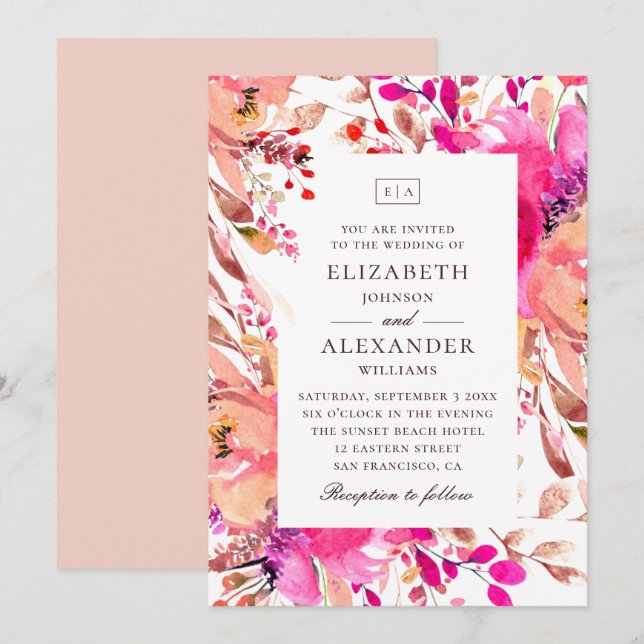 Akvarell rosa och persikofärgad blomsterträdgård b inbjudningar (Fram/baksida)