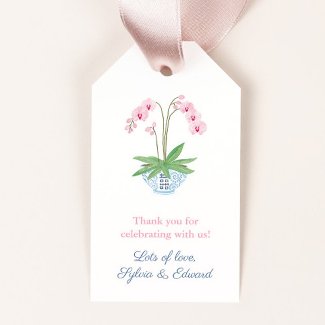 Akvarell Rosa Orkidé Blå Vit Skål Babyfirande Presentetikett (Elegant pink watercolor orchids in a blue and white ginger jar planter baby shower favor tags)
