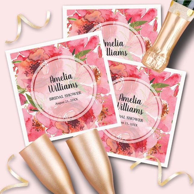 Akvarell Rosa Peonier Blommor Pappersservett (Watercolor Pink Peonies Floral Napkins)