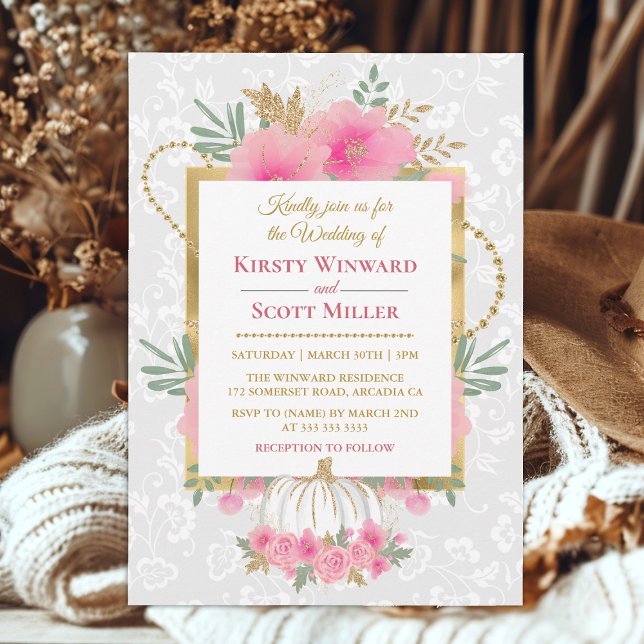 Akvarell Rosa Pumpa Blommor Guld Folie Bröllop Inbjudningar (Skapare uppladdad)
