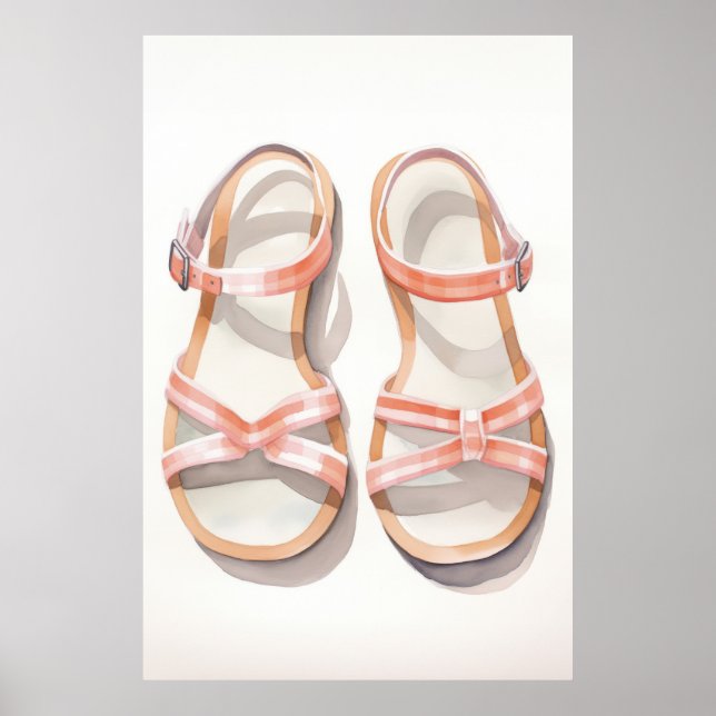 Akvarell Rosa Randiga Sommar Sandaler Konst Poster (Framsidan)