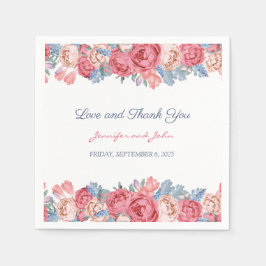 Akvarell Rosa Rosor & Blå Blomma Chic Bröllop Pappersservett