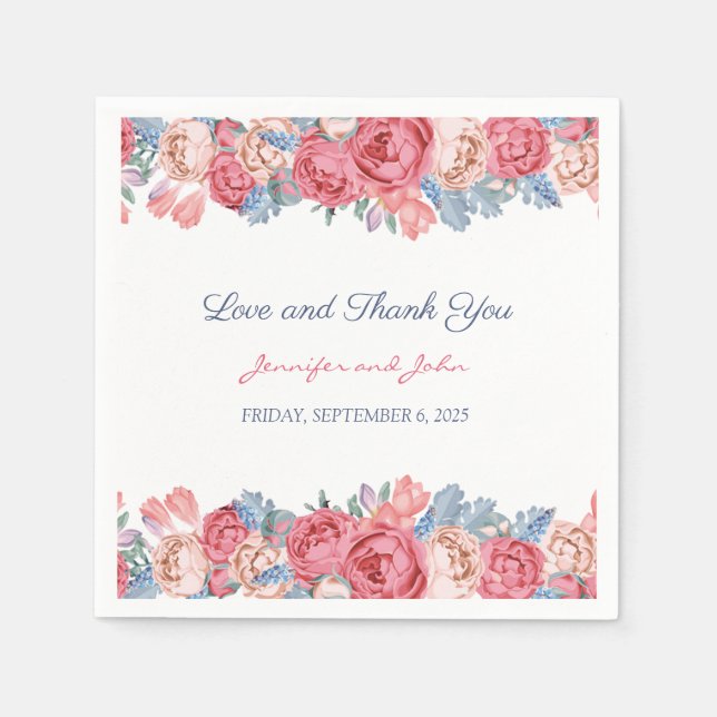 Akvarell Rosa Rosor & Blå Blomma Chic Bröllop Pappersservett (Framsidan)
