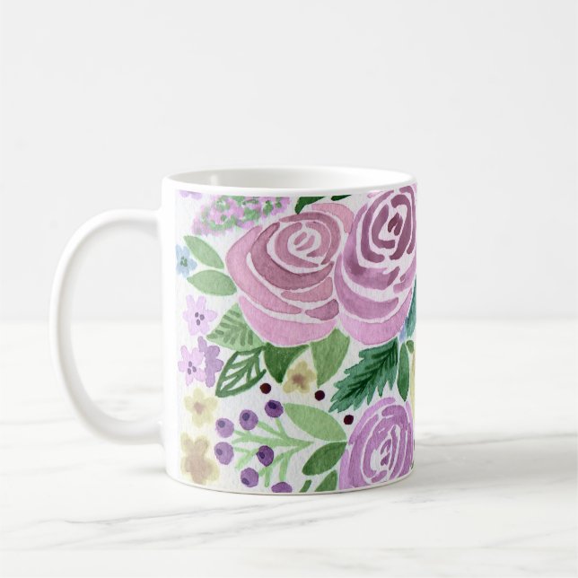 Akvarell rosa rosor blommor gröna blad vita e kaffemugg (Vänster)