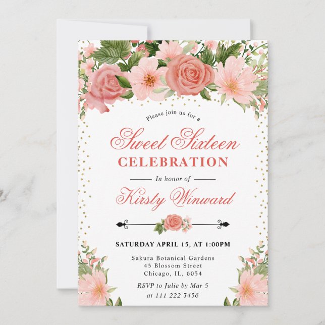 Akvarell Rosa Rosor Blommor Sweet 16 Inbjudningar (Framsida)