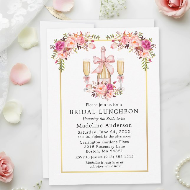 Akvarell Rosa Rosor Bow Guld Ram Bröllops Lunch Inbjudningar (Customize to add more text to back of card.)