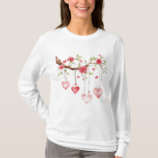Akvarell Rosa Rosor Gren Med Hängande Hjärtan T Shirt