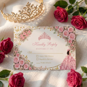 Akvarell Rosa Rosor Guld Tiara Quinceañera OSA Kort