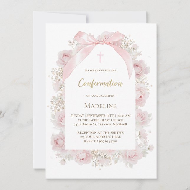 akvarell rosa rosor konfirmation inbjudningar (Framsida)