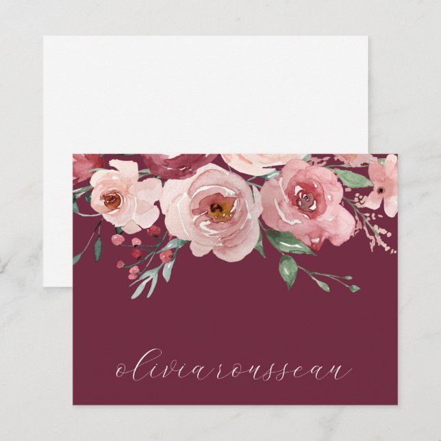 Akvarell Rosa Rosor Script Bordeauxvin Anteckningskort (Fram/baksida)