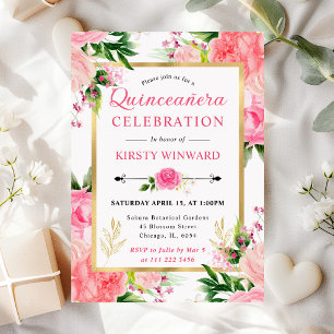 Akvarell Rosa Rosor Sommarblommor Quinceanera Inbjudningar