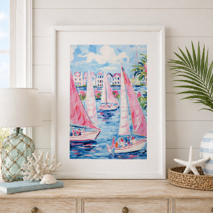 Akvarell Rosa Segelbåtar Tropisk Kustvägg Poster