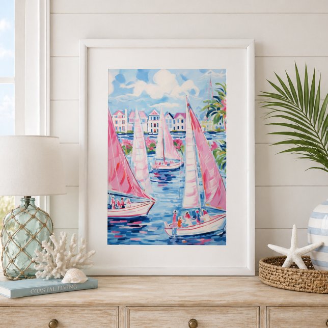 Akvarell Rosa Segelbåtar Tropisk Kustvägg Poster (Skapare uppladdad)